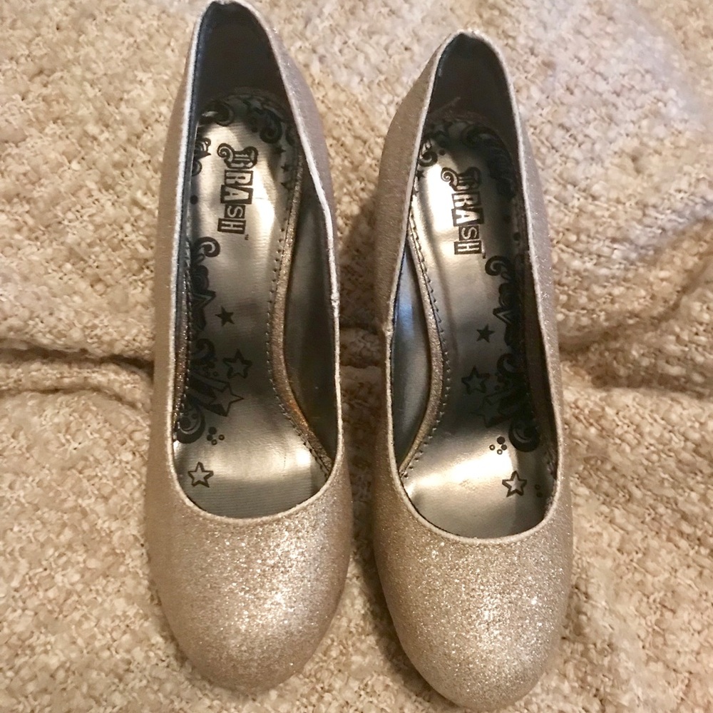 BRASH GOLD GLITTER PLATFORM STILETTOS SIZE 6.5W
